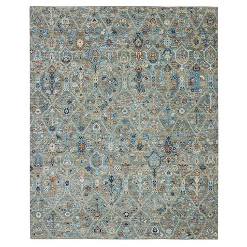 Sage Green, Hand Spun New Zealand Wool, Trellis Borderless Garden Design, Agra, Hand Knotted, Oriental Rug 