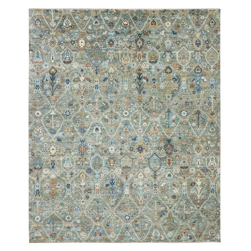 Sage Green, Hand Spun New Zealand Wool, Trellis Borderless Garden Design, Agra, Hand Knotted, Oriental 