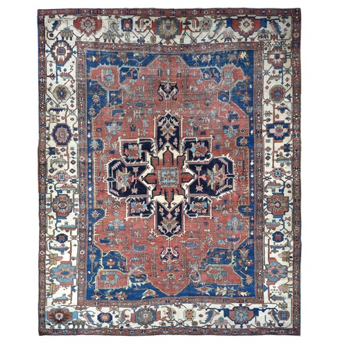 Vermilion Red, Antique Persian Serapi Heriz, 100% Wool, Hand Knotted, Even Wear, Clean, Sides and Ends Secured, Oversized Oriental Rug
