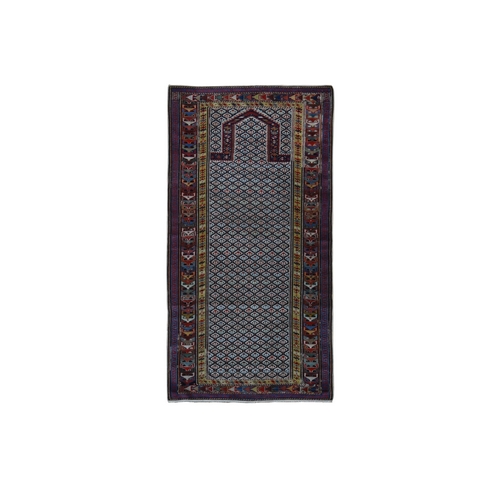 Smoke White with Prussian Blue, Antique Shirvan Caucasian with Prayer Design, 100% Wool, Hand Knotted, Good Condition, Even Wear, Clean, Sides and Ends Professionally Secured, Runner Oriental Rug