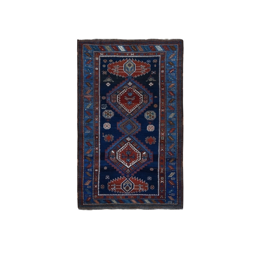 Braves Navy Blue, Antique Caucasian Kazak, 100% Wool, Hand Knotted, Good Condition, Signed and Dated 1929, Clean, Sides and Ends Professionally Secured, Large Runner Oriental 