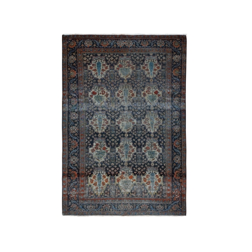 Midnight Blue, Antique Persian Isfahan, Garden Design, Evenly Worn Out, Cropped Thin, 100% Wool, Hand Knotted, Cleaned with Sides and Ends Professionally Secured, Oriental Rug