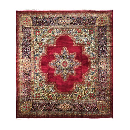 Alabama Crimson Red, Antique Persian Kerman, Open Field Medallion Design, 300 KPSI, Hand Knotted, Pure Wool, Full Pile, Mint Condition, Clean, Squarish Size, Oriental 