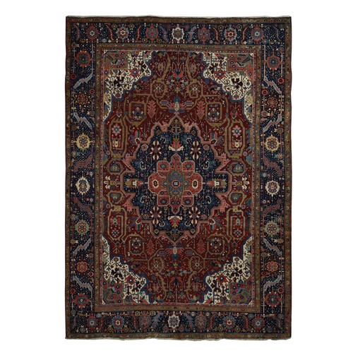 Emboldened Red With Berlin Blue, Antique Persian Heriz in Excellent Condition, Clean, Even Pile and Soft, Extra Soft Wool, Sides and Ends Professionally Secured, Hand Knotted Oriental Rug
