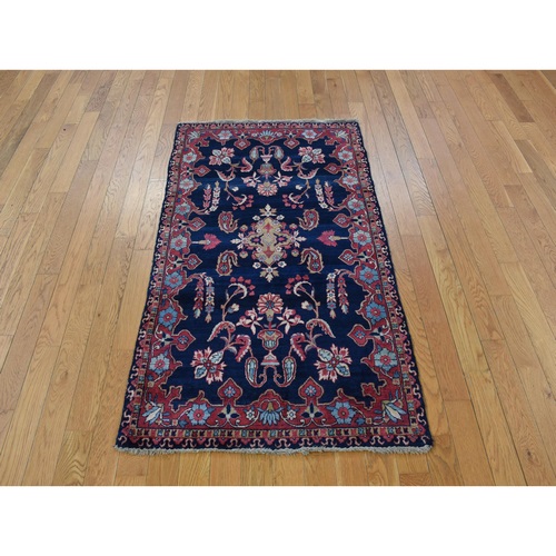 Night Blue, Antique Persian Sarouk in Mint Condition, Full Pile, Clean and Soft with Sides and Ends Professionally Secured, Hand Knotted Oriental Rug
