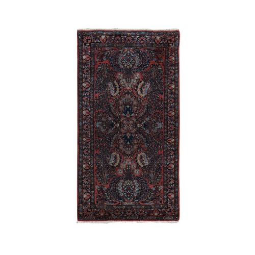 Exotic Red With Yale Blue, Antique Persian Sarouk, Mint Condition, Full Pile, Clean and Soft, Sides and End Professionally Secured, Hand Knotted, Oriental Mat Rug