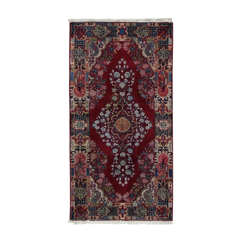 Cottage Red and Prussian Blue, Antique Persian Sarouk, Mint Condition, Full Pile, Clean and Soft, Sides and End Professionally Secured, Hand Knotted Oriental Rug