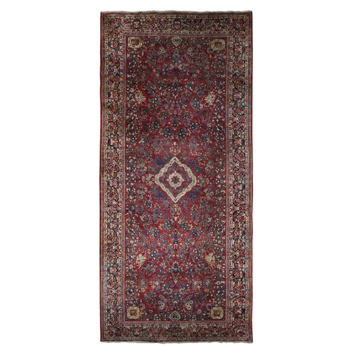 Barn Red With Colorful Border, Antique Persian Sarouk  Flower Bouquet Design, Long And Narrow Rare Gallery Size, Full Pile, Clean and Soft, Sides and Ends Professionally Secured, Hand Knotted Natural Wool Oriental Rug