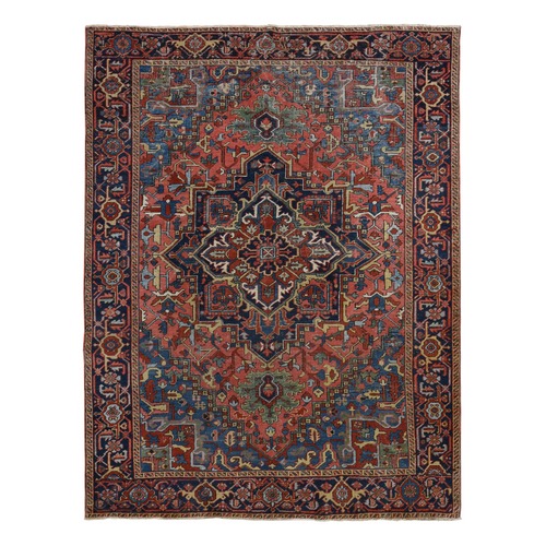 Carnelian Red, Antique Persian Heriz, Soft Wool, Hand Knotted, Colorful Soft Vegetable Dyes, Blues and Greens, Unrestored Condition, Cleaned, Sides and Ends Professionally Secured, Oriental Rug