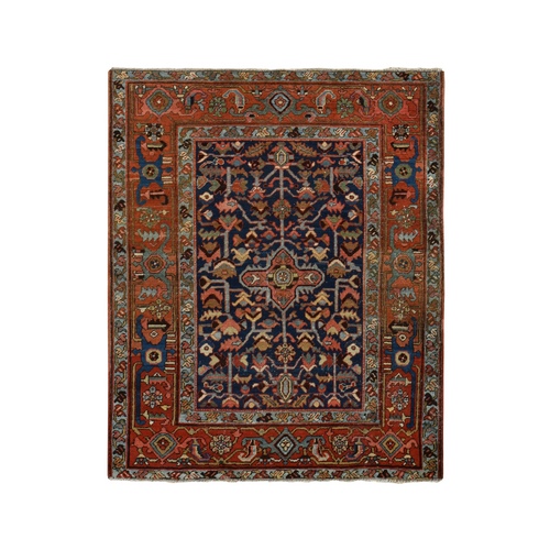 Space Cadet Blue, Antique Persian Heriz in Good Condition, Even Wear, Wide Serapi Borders, 100% Wool, Hand Knotted Oriental Rug