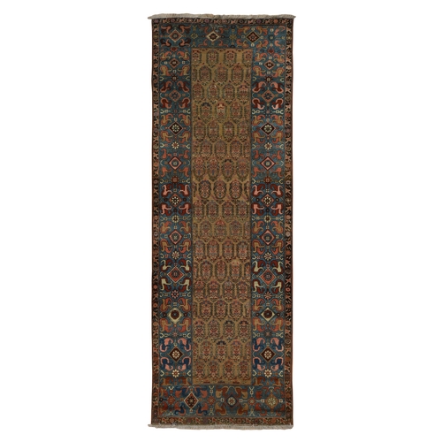Hardwood Brown, Antique Persian Bakshaish, Even Wear, Paisley Design, Camel Hair, Wide Serapi Borders, 100% Wool, Hand Knotted Wide Runner in Good Condition, Oriental Rug