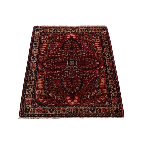 Jalapeno Red, Hand Knotted Mat In Good Condition, Antique Persian Sarouk Even Wear, Natural Wool, Oriental Rug