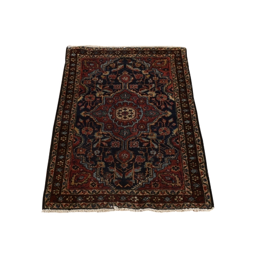 Prussian Blue and Winery Red, Antique Persian Sarouk, Hand Knotted 100% Wool, Even Wear, Good Condition, Oriental Mat Rug