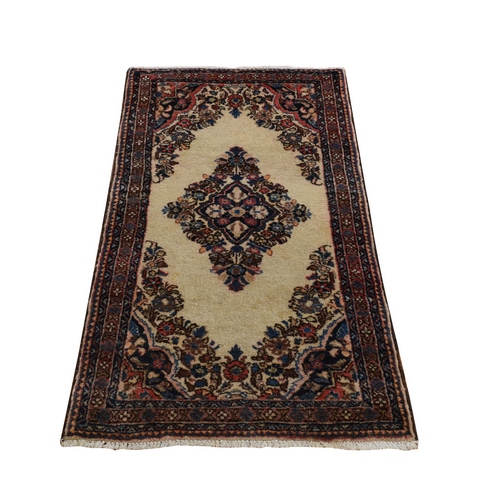 Bone White, 100% Wool, Even Wear, Hand Knotted Open Field Medallion Design, Antique Persian Sarouk Mat In Good Condition, Clean and Soft Full Pile, Oriental Rug