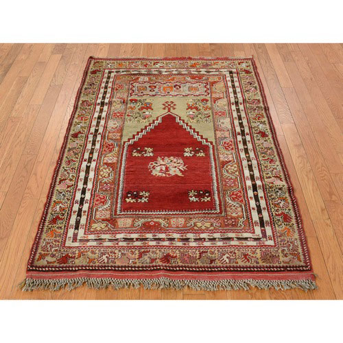 Pompeain Red, Hand Knotted Antique Turkish Bergama Prayer Rug, In Mint Condition, Clean and Soft, Natural Wool Full Pile