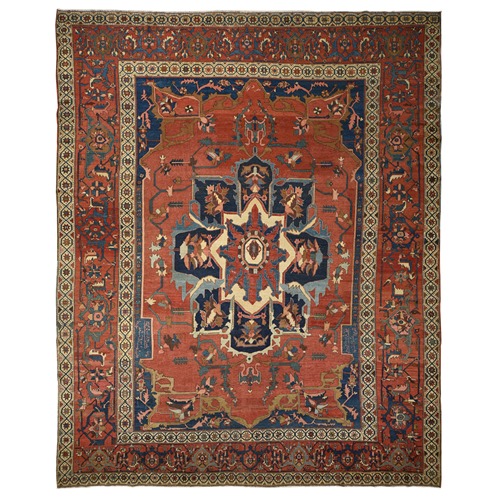 Mahogany Orange, Antique Persian Serapi in Good Condition, Large Center Flower Medallion, 100% Wool, Hand Knotted, Clean, Even Wear, Sides and Ends Professionally Secured, Oversized, Oriental Rug