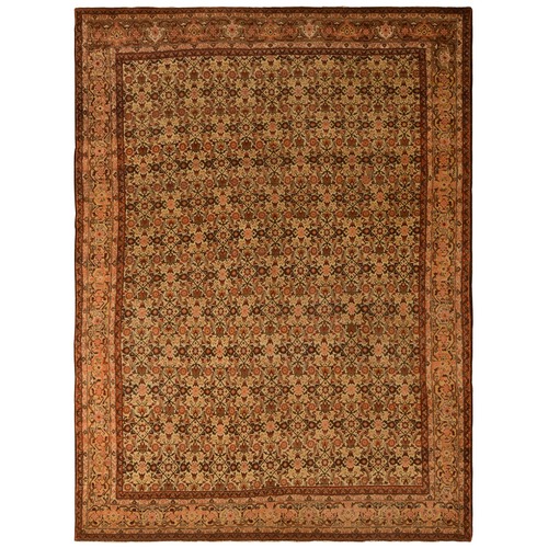 Biscotti Brown, Antique Persian with Fish Tabriz All Over Herat Design, Pure Wool, Hand Knotted, Oriental 