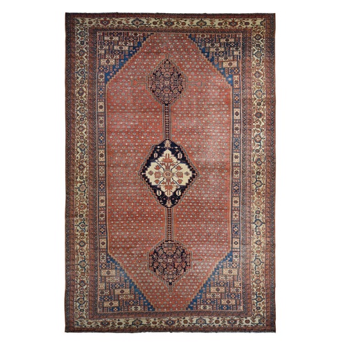 Dark Coral, Antique Persian Bakshaish with Geometric Anchored Medallion Design, Even Wear, Clean, Good Condition, Sides and Ends Secured, 100% Wool, Hand Knotted, XL Long and Narrow, Oriental Rug