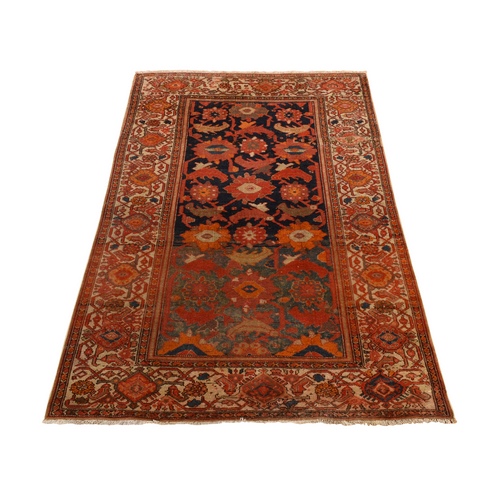 Midnight Blue with Burnt Orange, Antique North West Persian, Clean, Even Wear, Distinct Abrash, Multiple Borders, Serated Leaf and Large Scale Tribal Flower Design, 100% Wool, Hand Knotted, Oriental Rug