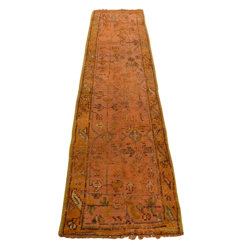 Coral Color, Antique Turkish Oushak, Clean, Even Wear, Wool Weft, 100% Wool, Hand Knotted, Runner, Oriental Rug