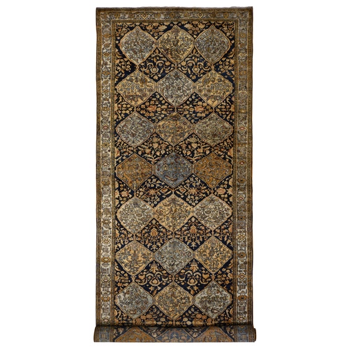 Midnight Blue with Yellow, Antique Persian Bakhtiari in an Excellent Condition, Diamond Shape Garden Medallion Design, Hand Knotted, Pure Wool, Gallery Size Wide Runner, Oriental Rug