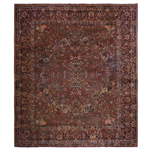 Cinnamon Red, Antique Persian Sarouk, XL Squarish Size, Clean, Excellent Condition, Light and Dark Side Highlights, Soft with Sides and Ends Secured, 100% Wool, Hand Knotted Oriental Rug