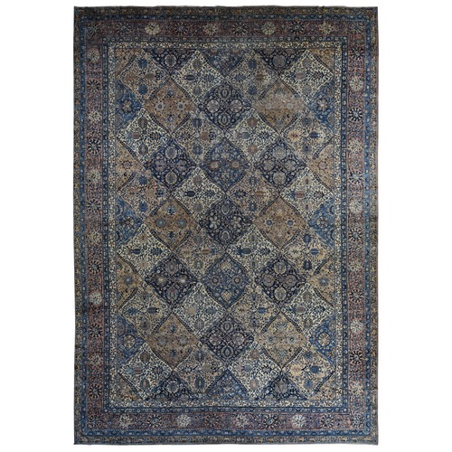 Shades of Yellow with Blue, Antique Persian Kerman, Classic Garden All Over Flower Design, Soft Colors, Clean, Sides and Ends Professionally Secured, Soft, Evenly Worn, 100% Wool, Hand Knotted, Oversized, Oriental Rug