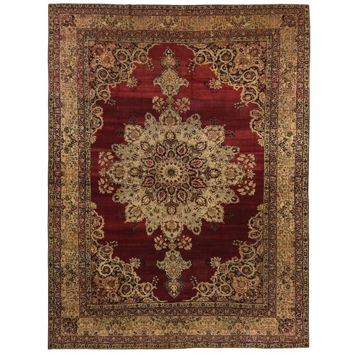 Cranberry Red, Antique Persian Lavar Kerman, Center Medallion, Flower Design, Zero Pile, Clean, Sides and Ends Professionally Secured, Properly Restored, 100% Wool, Hand Knotted, Oriental Rug