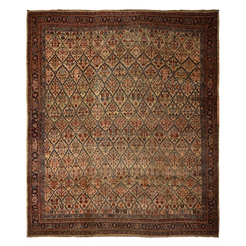 Peanut Brown, Antique Persian Bidjar, Trellis Garden Design, Even Wear, Clean, Sides and Ends Professionally Secured, 100% Wool on Wool, Hand Knotted, Oversized, Oriental Rug