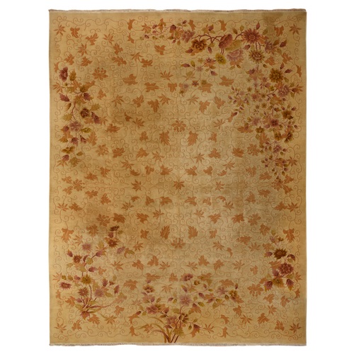 Honey Brown, Antique Chinese Nichols Art Deco, Golden Leaf Design, Even Wear, Professionally Cleaned, Soft Pile, 100% Wool, Clean, Sides and Ends Expertly Secured, Hand Knotted, Oriental Rug