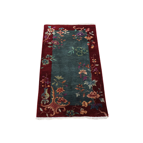 Seaweed Green, Antique Chinese Art Deco, 100% Wool, Hand Knotted, Good Condition, Clean, Mat, Oriental Rug