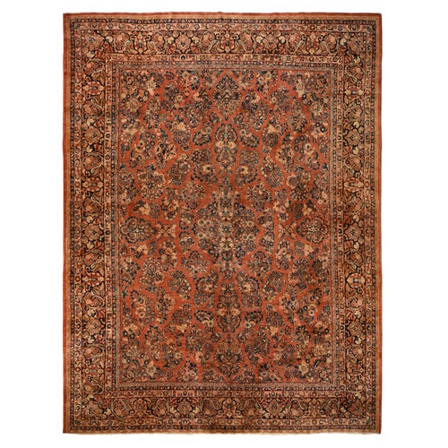 Copper Red, Antique Persian Sarouk, Clean and Soft, Sides and Ends Professionally Secured, Even Wear, Good Condition, 100% Wool, Hand Knotted, Oversized, Oriental 