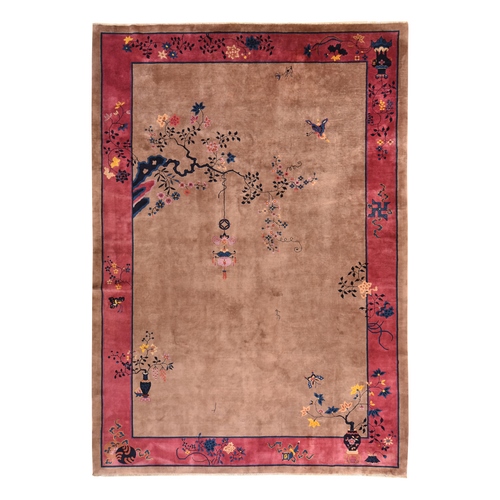 Burro Brown, Antique Chinese Art Deco Nichols, Clean, Soft, Full Pile, 100% Wool, Hand Knotted, Oriental 
