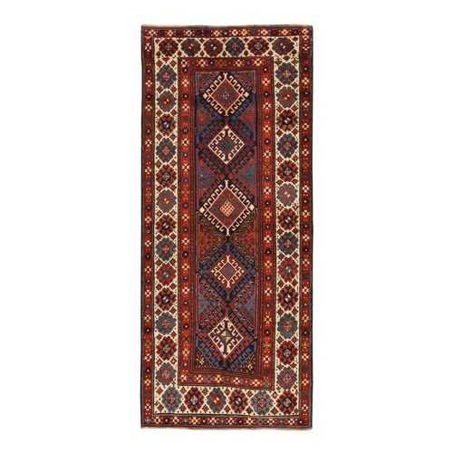 Scarlet Red, Antique Caucasian Kazak, Geometric Design, Natural and Vegetable Dyes, Full, Soft Even Pile and Clean, 100% Wool, Hand Knotted, Oriental, Wide Runner 