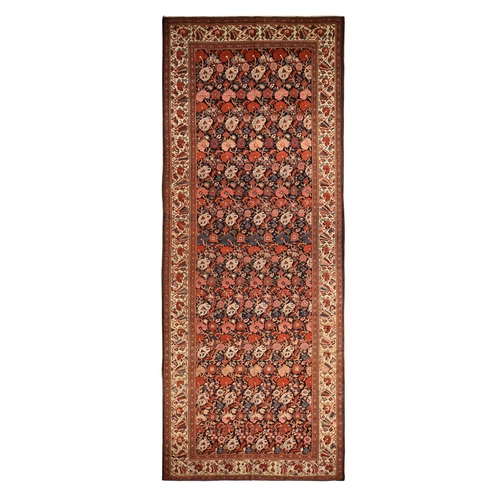 Midnight Blue, Antique Persian Bakhtiari with Repetitive Botanical Design, Gallery Size, Hand Knotted, 100% Wool, XL, Oriental 