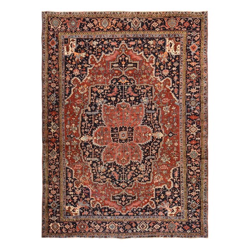 Samba Red, Antique Persian Heriz, Clean, Even Wear, Large Medallion Design, 100% Wool, Hand Knotted, Oriental 
