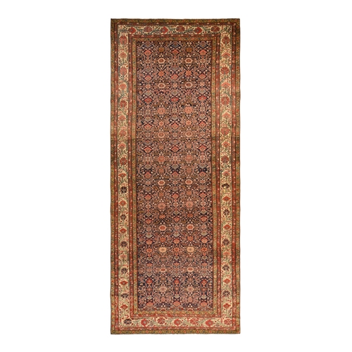 Midnight Blue, Antique Persian Fereghan Sarouk with Intricate and Repetitive Geometric Flower Design, Hand Knotted, 100% Wool, Gallery Size, Wide Runner, Oriental 