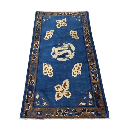 Imperial Blue, Antique Chinese Peking with a Dragon Center Medallion, Good Condition and Clean, Full Pile and Soft, 100% Wool, Hand Knotted, Oriental 