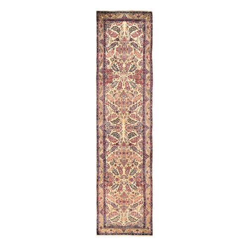Oyster White, Antique Persian Kerman, Hand Knotted, 100% Wool, Clean, Sides and Ends Professionally Secured, Good Condition, Runner, Oriental 