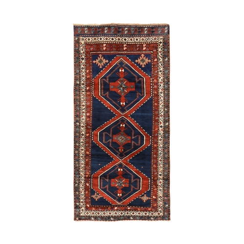 Navy Blue, Antique Caucasian Rug, Armenian Kazak, Good Condition, Clean and Soft, Geometric Medallions Design, 100% Wool, Hand Knotted, Full Pile, Wide Runner, 