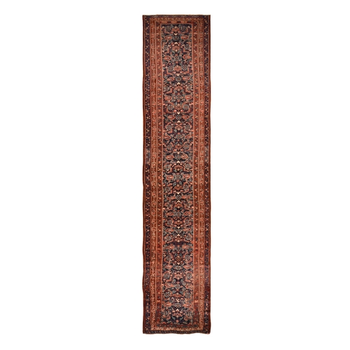 Midnight Blue, Antique Kurdish Bijar Persian Rug, Good Condition, Clean and Soft, Geometric Fish Mahi Herat Design, 100% Wool, Hand Knotted, Full Pile, Wide Runner, 