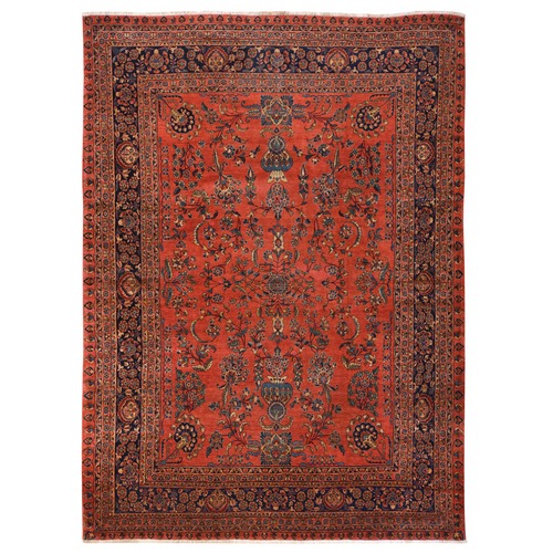 Fire Whirl Red, Antique Persian Mohajeran Sarouk, Even Wear, Clean, Pliable and Soft Pile, 100% Wool, Hand Knotted, Oriental 