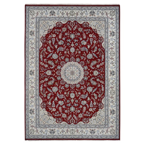 Maroon Red, Pure Wool, 250 KPSI, Nain with Center Medallion Flower Design, Hand Knotted, Oriental 