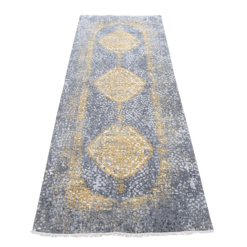 Carbon Gray with Gold, Persian Medallion Design, Wool and Pure Silk, Hand Knotted, Runner Oriental Rug
