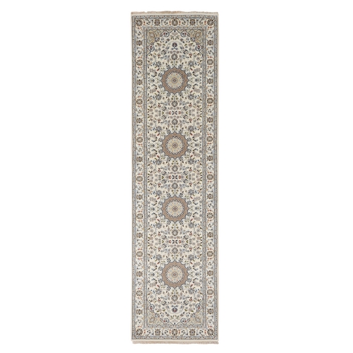 Floral White, Hand Knotted 250 KPSI, Nain Center Medallion Floral Design, Densely Woven, Extra Soft Wool, Runner Oriental Rug