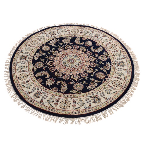 Dallas Cowboys Blue with Center Flower Medallion, Hand Knotted, Wool and Silk, 250 KPSI, Nain Round Oriental Rug
