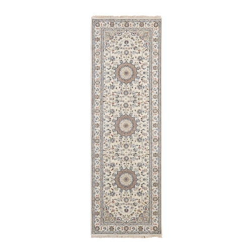 Swan White, 250 KPSI, Nain with Center Motif Flower Design, Wool and Silk, Hand Knotted, Runner Oriental Rug