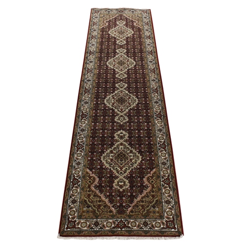 Chocolate Cosmos Red, Tabriz Mahi with Fish Medallion Design, Hand Knotted, 100% Wool, Dense Weave, Runner, Oriental Rug