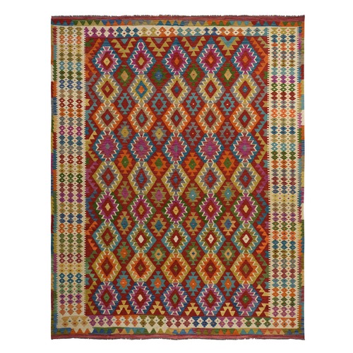 Salsa Red, Organic Wool, Afghan Kilim with All Over Colorful Geometric Pattern, Natural Dyes, Flat Weave, Hand Woven, Reversible, Oriental 