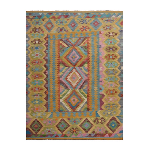 Olive Green, Afghan Kilim with All Over Colorful Geometric Pattern, Pure Wool, Vegetable Dyes, Flat Weave, Hand Woven, Reversible, Oriental 